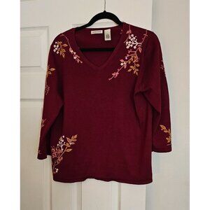 Laura Ashley Womens Burgundy Floral Embroidered V-Neck Sweater L Romantic Boho